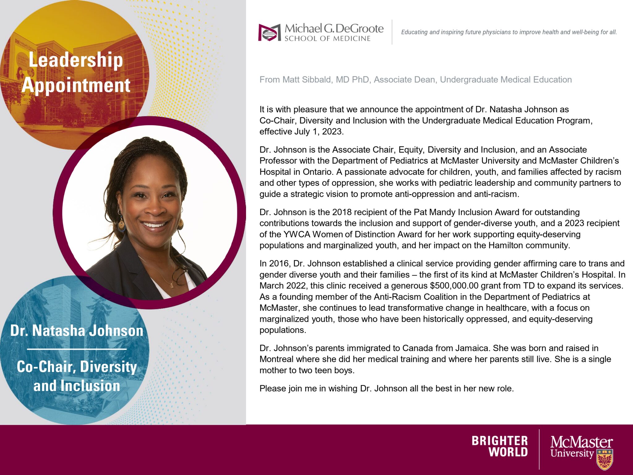 Leadership Announcement - Dr. Natasha Johnson - Undergraduate Medical ...